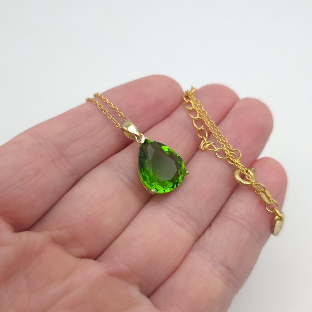 18 Inch Gold Over Sterling Silver Green Glass Gem Necklace A741 - Picture 3 of 8